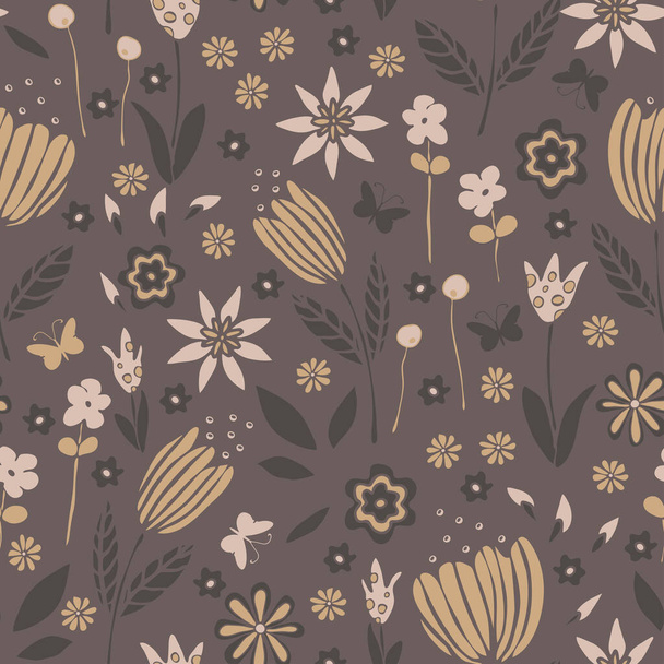Seamless vector pattern with flower meadow on brown background. Simple dream garden wallpaper design. Decorative vintage floral fashion textile. - Vektor, Bild