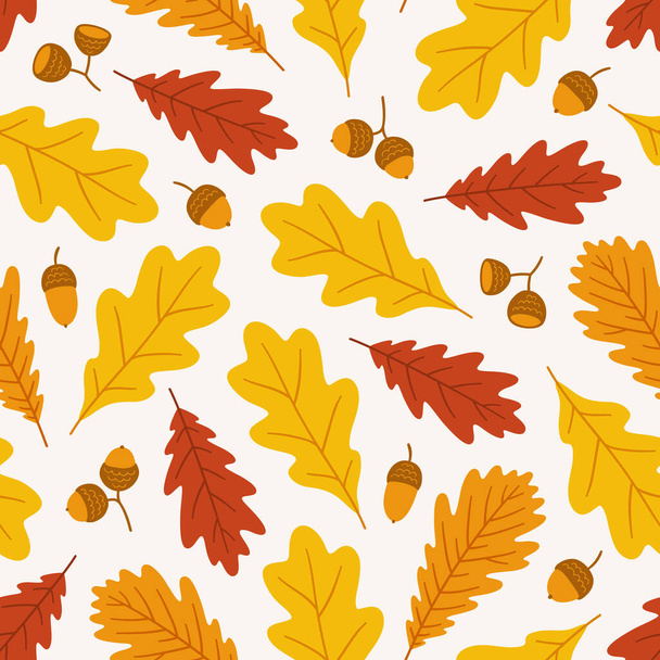 Autumn seamless pattern with acorns and oak leaves. Vector illustration on white background. Fall ornament. Foliage print for fabric, package, wrapping, wall art. Red, orange, yellow colors. - Вектор, зображення