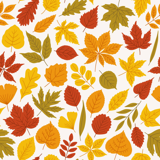 Seamless autumn pattern with cute leaves of maple, oak, linden, birch, ginkgo, etc. Vector illustration, white background. Fashion print for fabric, package, wrapping. Red, orange, yellow, green color - Vetor, Imagem