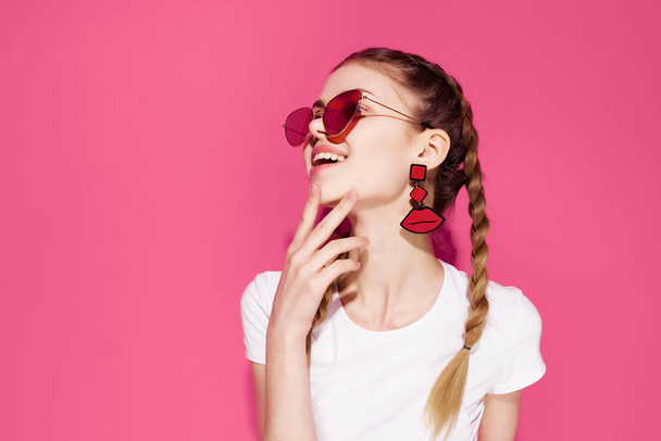 cheerful woman with pigtails sunglasses summer clothes glamor - Photo, Image