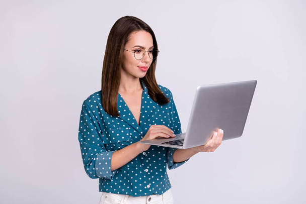Portrait of attractive trendy cheerful focused girl holding using laptop writing e-mail report isolated over gray pastel color background - Valokuva, kuva