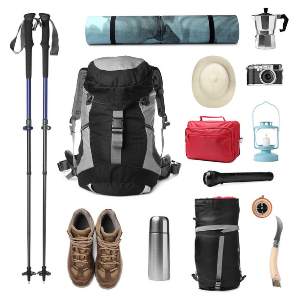Set with different camping equipment on white background - Foto, imagen