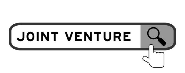 Zoek banner in woord joint venture met hand over vergrootglas pictogram op witte achtergrond - Vector, afbeelding