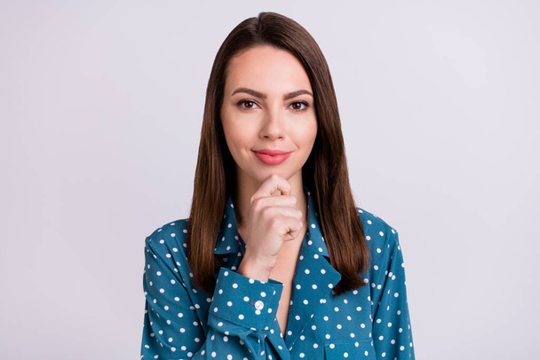 Portrait of attractive trendy content skilled smart girl specialist touching chin thinking isolated over grey pastel color background - Zdjęcie, obraz
