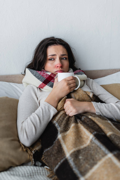 sick and displeased woman lying in bed with cup of warm tea under plaid blanket - Фото, зображення