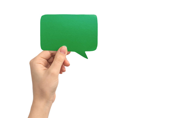Hand with blank speech bubble, isolated on white background. Concept of giving feedback, communication and text message - Photo, Image