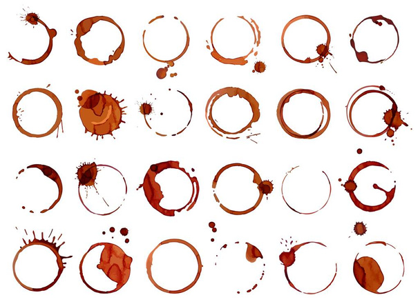 Coffee stains, cup ring splashes and circle stamps. Tea or coffee round spill stain and splatter, brown dirty mug rings marks vector set - Vector, Image