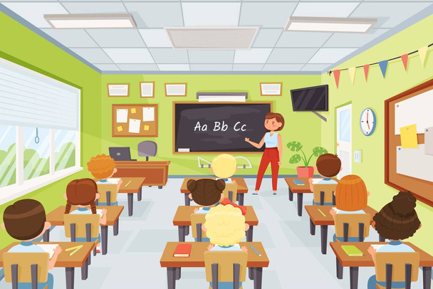 Cartoon kids and teacher in classroom, elementary school pupils studying. Young students listening to teacher at lesson vector illustration - Vector, Image