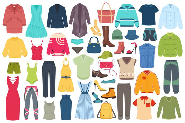 Men and women fashion clothing accessories, hats, footwear. Summer or winter outfits, fashionable casual clothes, shoes and bags vector set - Vector, Image