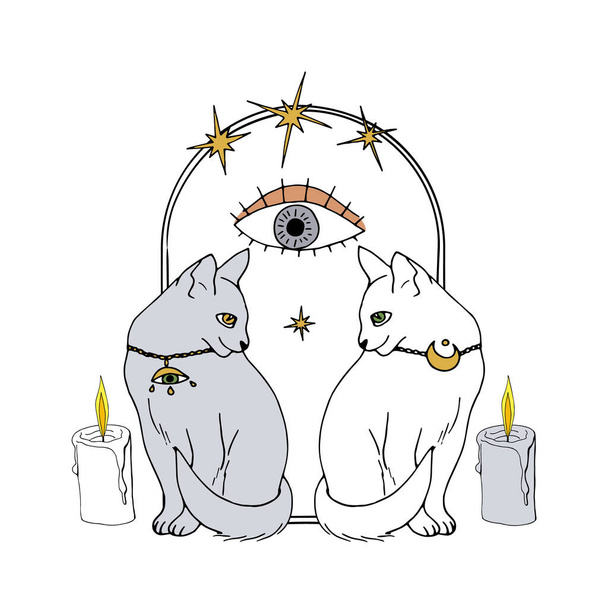 Ročník Mystic Kočky a svíčky uvnitř oblouku zdobené hvězdami a všechny vidění oční kresby - Vektor, obrázek
