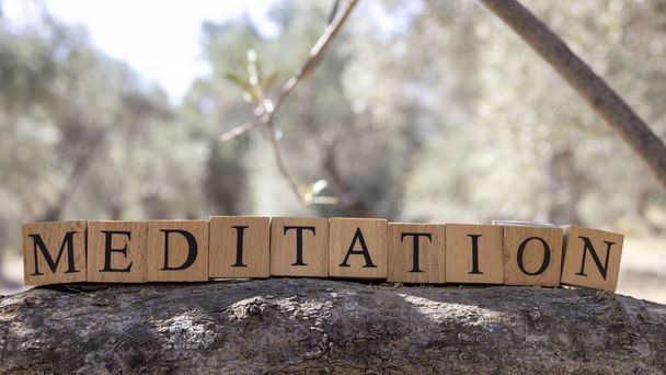 Slovo meditace bylo vytvořeno z dřevěných bloků. Zdraví a život. zavřít - Fotografie, Obrázek