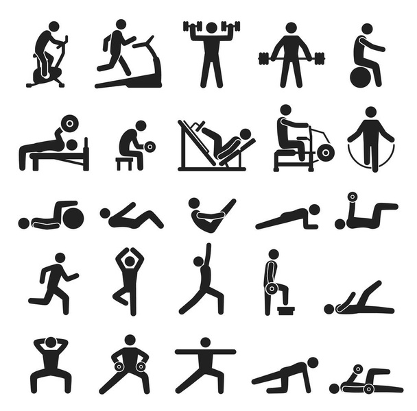 Fitness εικονίδια άσκηση, σπορ εικονογράμματα προπόνηση. Οι άνθρωποι κάνουν γιόγκα, γυμναστική, τζόγκινγκ. Διάφορες αθλητικές δραστηριότητες silhouette διάνυσμα σύνολο εικονίδιο - Διάνυσμα, εικόνα