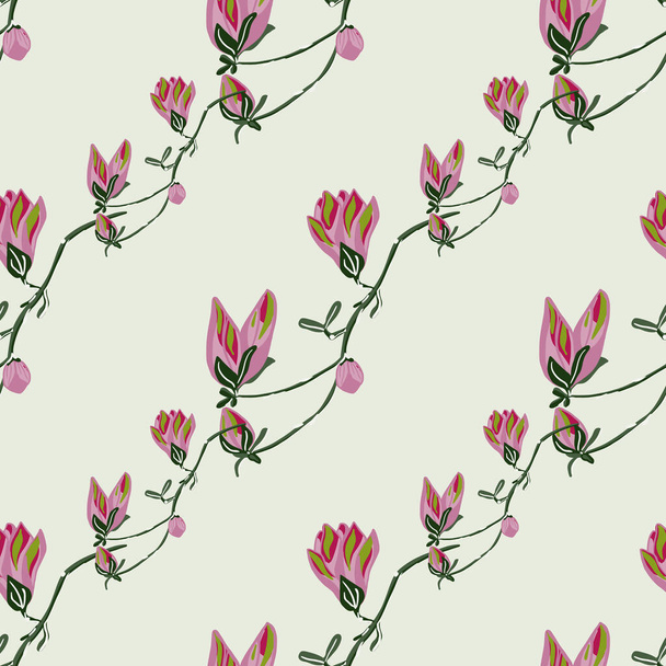 Naadloos patroon Magnolia 's op lichtgroene achtergrond. Prachtig ornament met lentebloemen. Geometrische bloem sjabloon voor stof. Ontwerp vector illustratie. - Vector, afbeelding