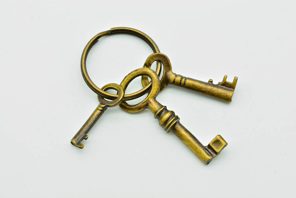 Détail d'un porte-clés avec plusieurs vieilles clés en métal, isolé sur fond blanc - Photo, image