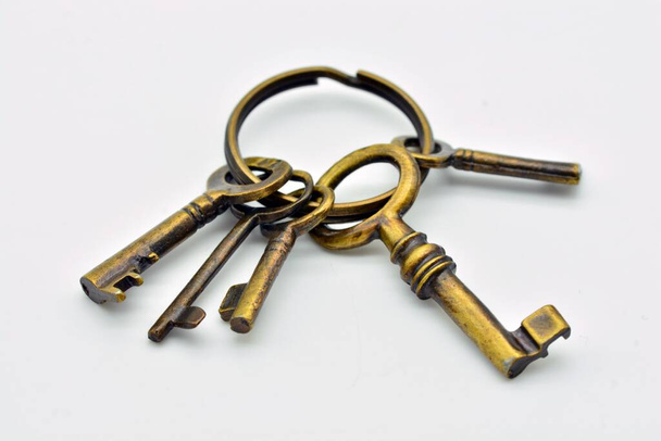 Detail van een sleutelhanger met meerdere oude metalen sleutels, geïsoleerd op witte achtergrond - Foto, afbeelding