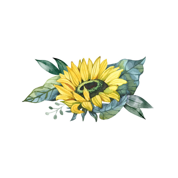 beautiful bouquet of flowers with sunflowers and eucalyptus, watercolor illustration, hand drawing, sketch. - 写真・画像