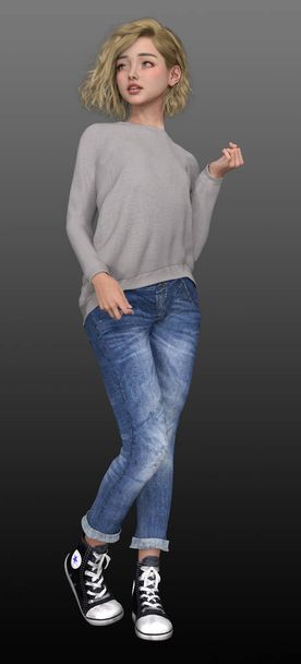Tween or Teenage Girl in Jeans and Sweater - Photo, Image
