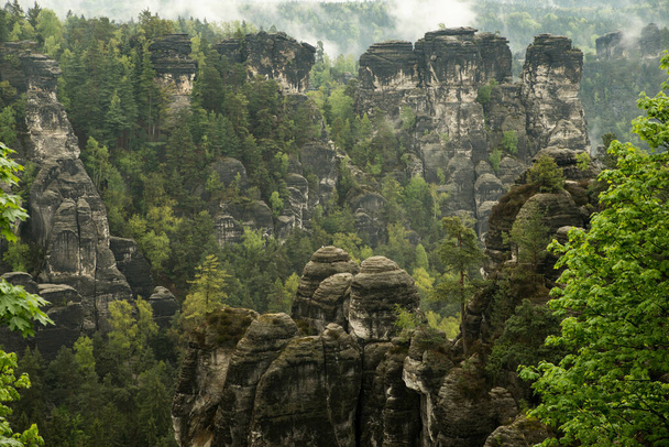 Bastei in the elbe sandstone mountains in the saxon switzerland in Germany, Elbsandsteingebirge near Dresden - Photo, Image