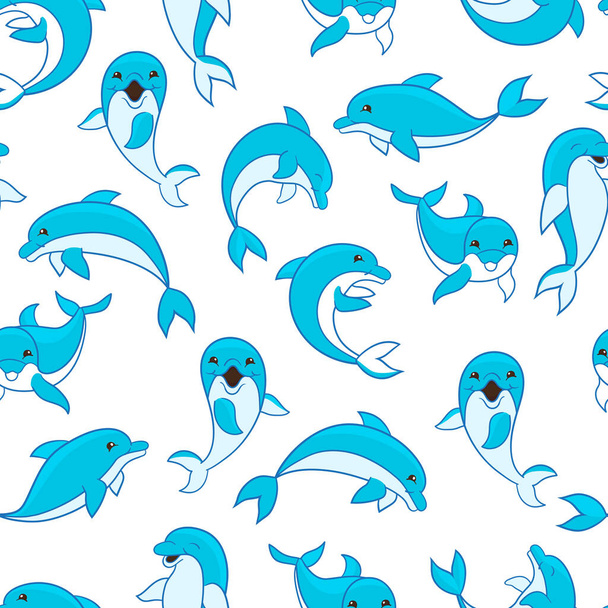 Vector seamless pattern with cute cartoon blue dolphins on a white background. For the design of packages, covers, textile prints - Vecteur, image