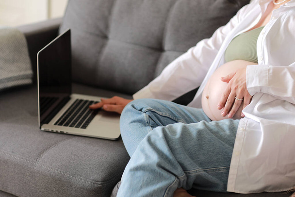 Evden internet üzerinden çalışan çekici hamile bir genç bayan. Kadın ellerini dizüstü bilgisayarın üzerine koy ve karnında büyük bir hamilelik var. - Fotoğraf, Görsel