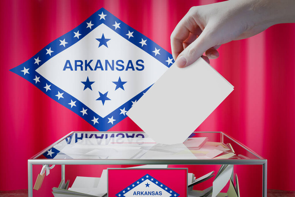 Arkansas flag, hand dropping ballot card into a box - voting, election concept - 3D illustration - Photo, Image