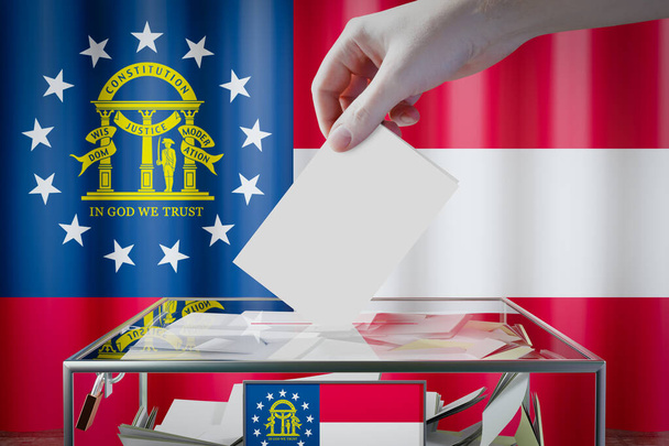 Флаг Грузии, ручное опускание бюллетеня в ящик - голосование, избирательная концепция - 3D иллюстрация - Фото, изображение