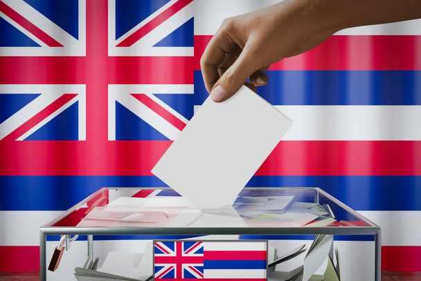 Bandiera Hawaii, mano cadere scheda elettorale in una scatola - voto, concetto di elezione - Illustrazione 3D - Foto, immagini