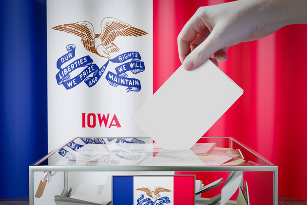 Bandiera Iowa, mano cadere scheda elettorale in una scatola - voto, concetto di elezione - Illustrazione 3D - Foto, immagini