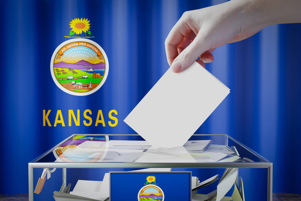 Kansas vlag, hand laten vallen stemkaart in een doos - stemming, verkiezingsconcept - 3D illustratie - Foto, afbeelding