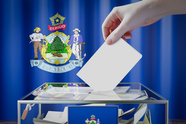 Bandera de Maine, mano dejando caer la tarjeta de votación en una caja - votación, concepto electoral - Ilustración 3D - Foto, imagen