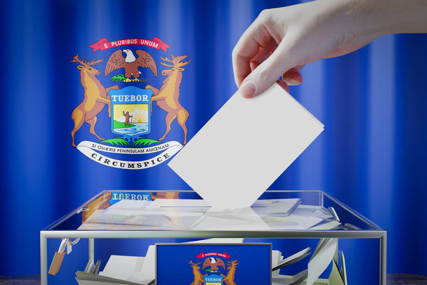 Michigan vlag, hand laten vallen stemkaart in een doos - stemmen, verkiezing concept - 3D illustratie - Foto, afbeelding