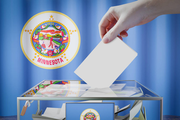 Bandeira de Minnesota, mão soltando o cartão de cédula em uma caixa - votação, conceito de eleição - ilustração 3D - Foto, Imagem