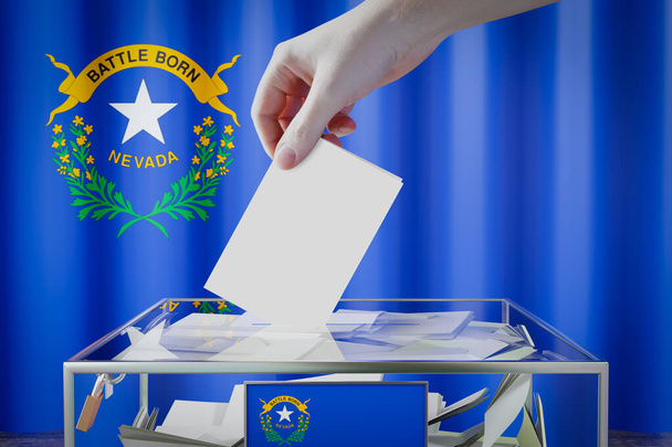 Bandera de Nevada, mano dejando caer la tarjeta de votación en una caja - votación, concepto electoral - Ilustración 3D - Foto, imagen