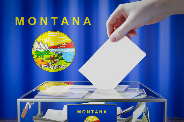 Montana vlag, hand laten vallen stemkaart in een doos - stemming, verkiezingsconcept - 3D illustratie - Foto, afbeelding