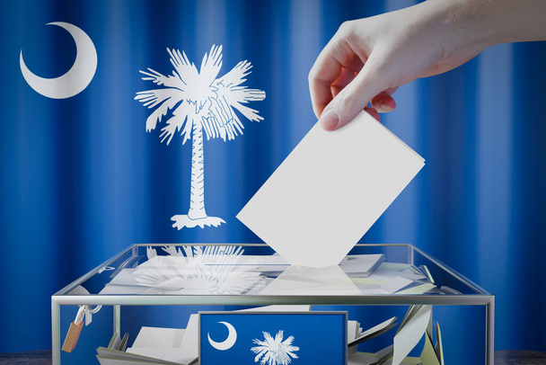 Drapeau de la Caroline du Sud, dépôt à la main d'une carte de vote dans une boîte - vote, concept électoral - illustration 3D - Photo, image