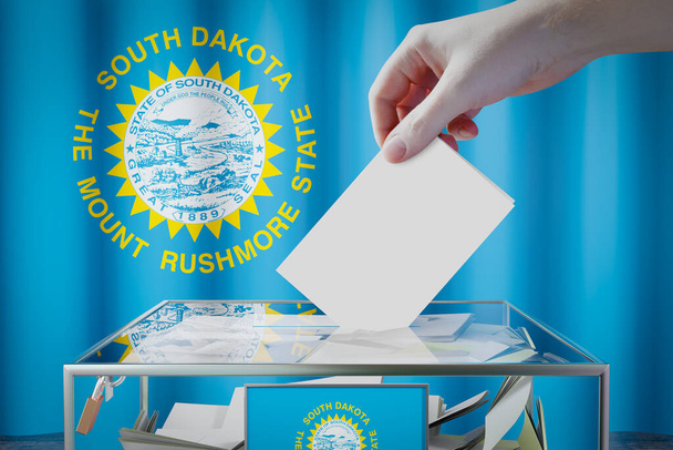 Drapeau du Dakota du Sud, dépôt à la main d'une carte de vote dans une boîte - vote, concept électoral - illustration 3D - Photo, image