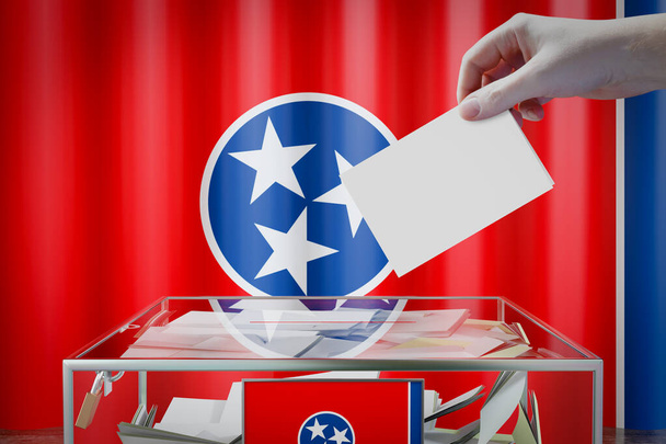 Bandera de Tennessee, mano dejando caer la tarjeta de votación en una caja - votación, concepto electoral - Ilustración 3D - Foto, Imagen