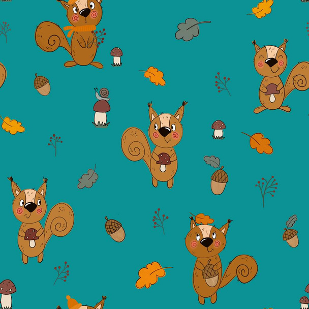 Απρόσκοπτη μοτίβο στο θέμα του φθινοπώρου. Αστείοι σκίουροι, βελανίδια, μανιτάρια ζωγραφίζονται στο ύφος του χαρτονιού. Δείγμα για ρούχα - Φωτογραφία, εικόνα