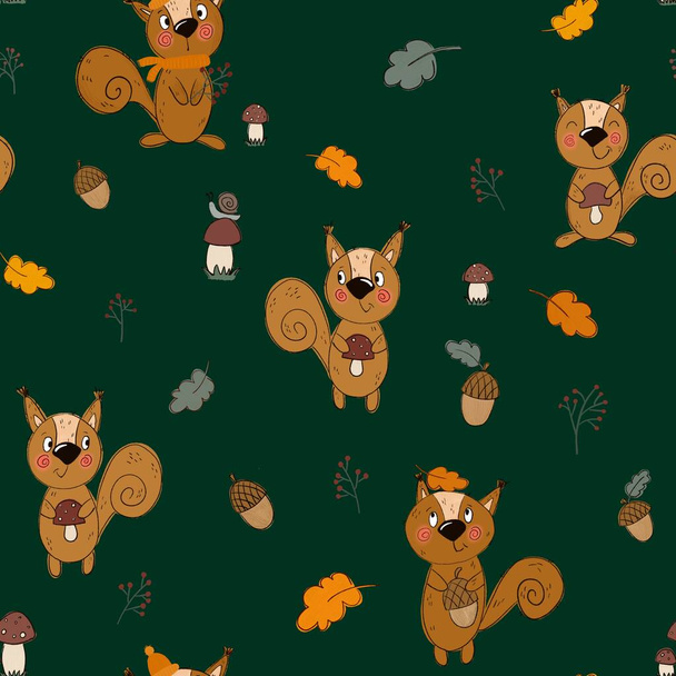 Seg, tecido, e outros items.amless padrão sobre o tema do outono. esquilos engraçados, bolotas, cogumelos são desenhados no estilo kartun. Um padrão para clothin - Foto, Imagem