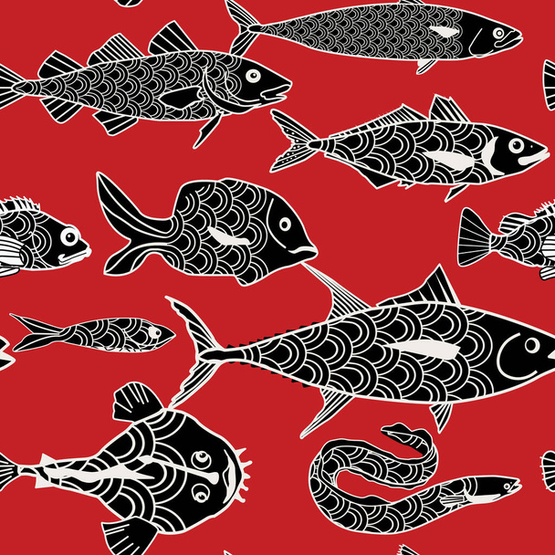 bezszwowy wzór z różnymi typami ryb, ręcznie rysowane. - Wektor, obraz