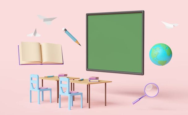 pizarra verde con globo, avión de papel, escritorio del estudiante, silla, magnificación, libro abierto aislado en rosa background.room educación innovadora en línea, concepto de e-learning, ilustración 3d o 3d render - Foto, imagen