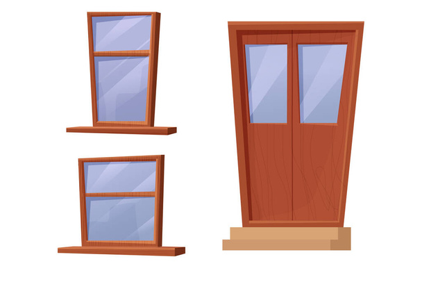 Set wooden window and door in cartoon style isolated on white vackground. Brown textured exterior decorations, elements.  - Vector, Image