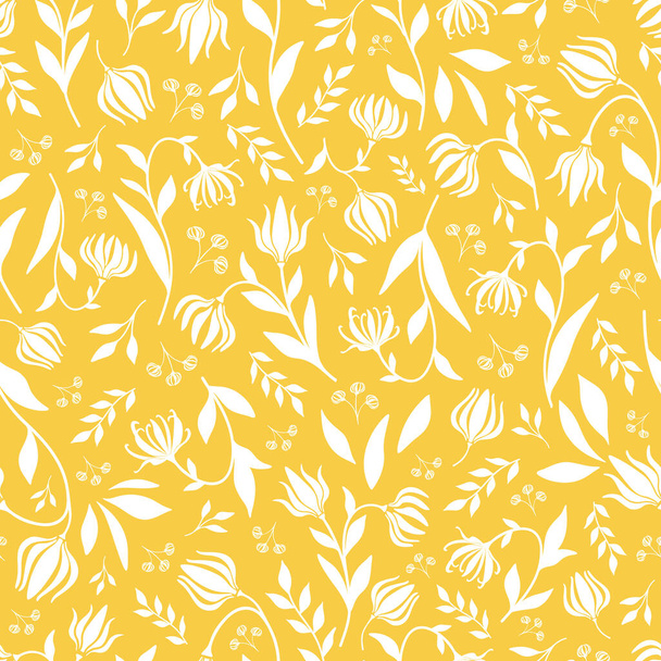 Floral Seamless Pattern with Vector Ylang Ylang Flowers, Buds, Branches and Leaves. White Silhouettes on Yellow Color Background.  - Vektör, Görsel
