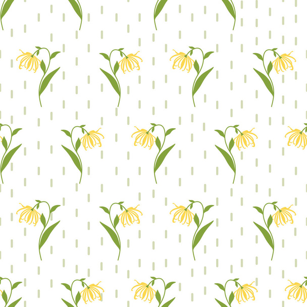 Floral Seamless Vector Pattern with Ylang Ylang or Cananga Flower Branches and Hand Drawn Vertical Thin Short Lines. Yellow and Green Floral Elements on white Background. - Vector, Image