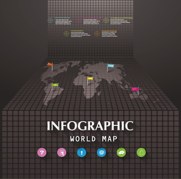 Infographic world map with flag-pointers and web icons - Vector, imagen