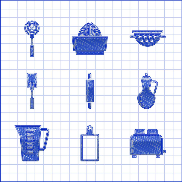 Merdane, kesme tahtası, tostlu tost makinesi, bir şişe zeytinyağı, ölçme kabı, Spatula, mutfak süzgeci ve ikon. Vektör - Vektör, Görsel