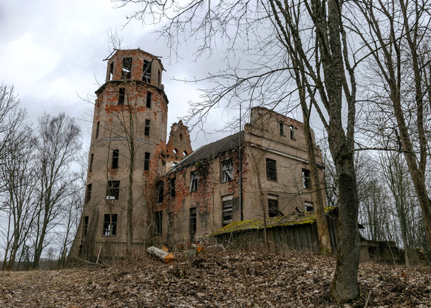 Grande Castelo de Veckarku, do qual sobreviveram os restos do castelo com uma grande torre, ruínas do edifício desmoronaram, distrito de Valka, Karki, Letônia - Foto, Imagem