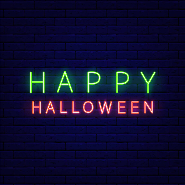 Happy Halloween neon sign. Holiday greeting card. Night bright signboard. Outer glowing effect banner. Editable stroke. Isolated vector stock illustration - Vector, Image