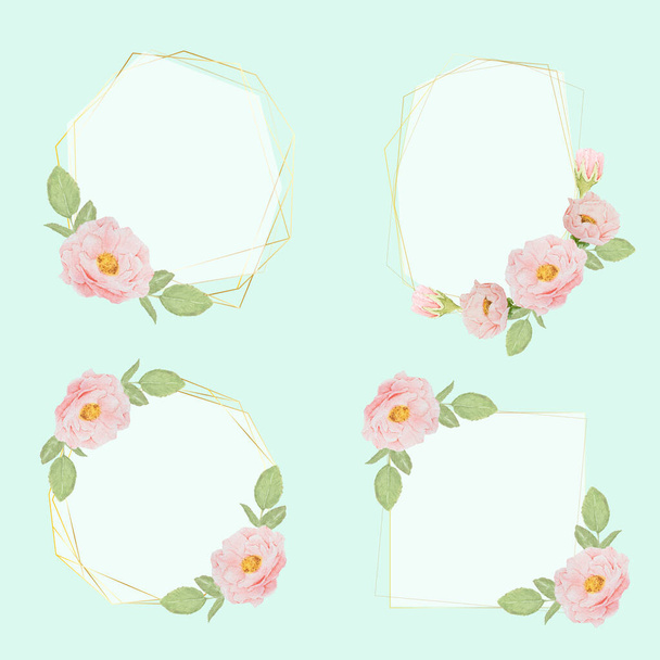 watercolor hand drawn pink roses with luxury golden frame wreath collection - Vector, Imagen