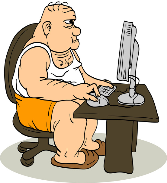 Fat man op de computer - Vector, afbeelding
